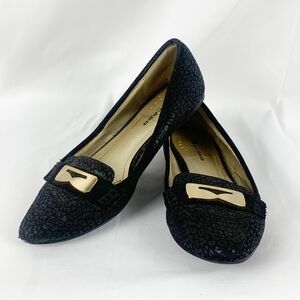Nygard Collection “Kayla” Black Leopard Print Flats with Gold Buckle – Size 8